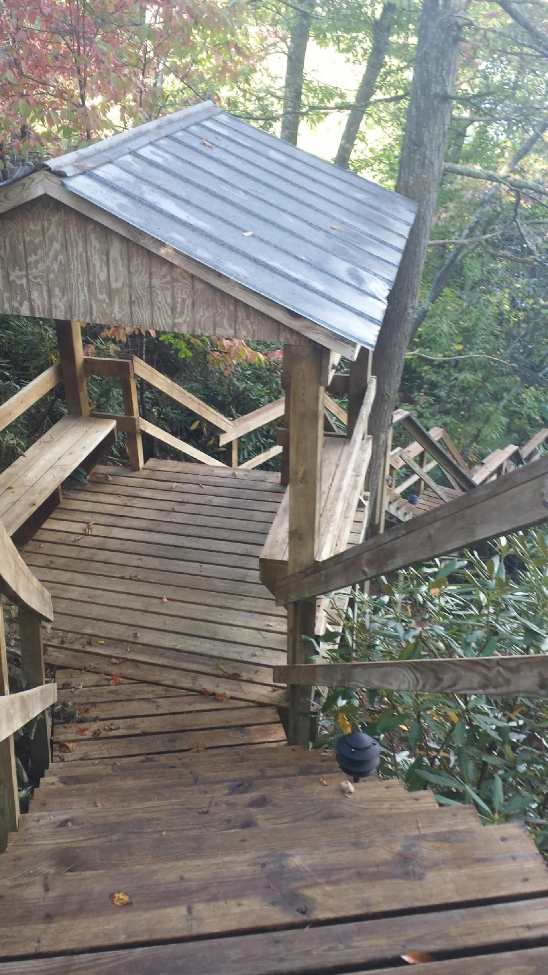 Metal roofed shelter over wooden steps on a wooded walkway — Skylight Repair & Installation work by our crew in Newport